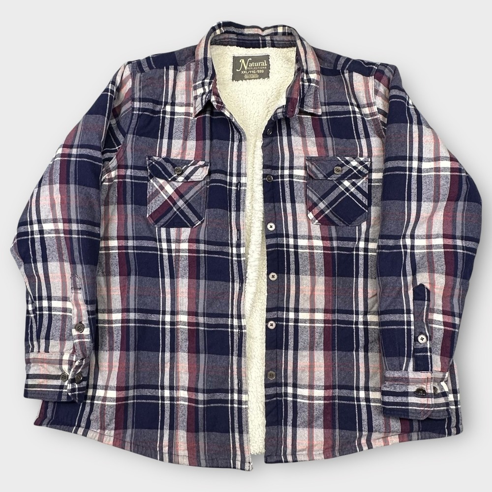 Natural Reflections Shirt Jacket Mens 2XL Sherpa‎ Lined Plaid Flannel Blue Warm